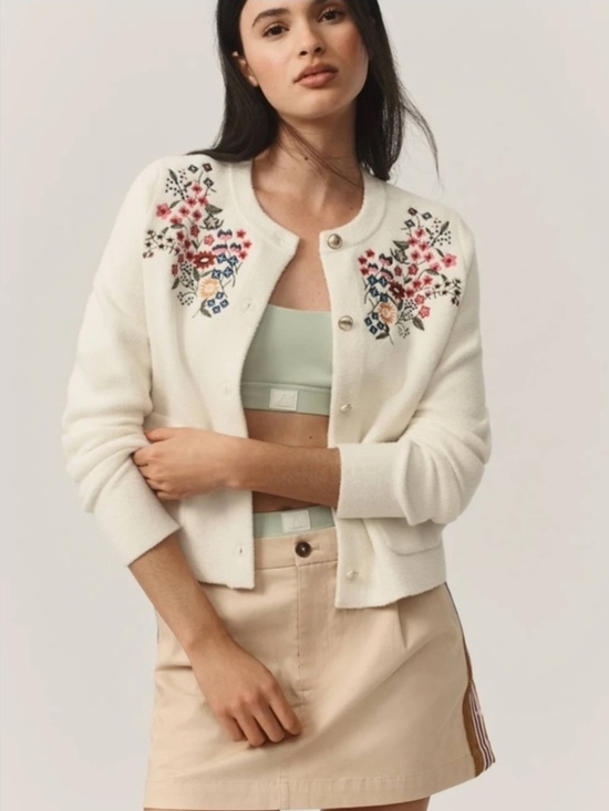 Anthropologie Sweaters - Anthropologie NVLT Embroidered Floral Lady Jacket Cardigan Ivory XL